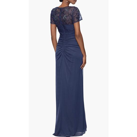 NWT Xscape Evenings Beaded Short Sleeve Ruched Gown Navy Blue 8 Formal Wedding - Picture 3 of 13